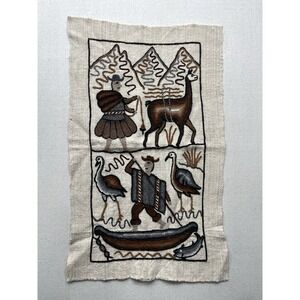 Vintage Andean wool appliqué textile wall Hanging llama, fisherman, and Mountain